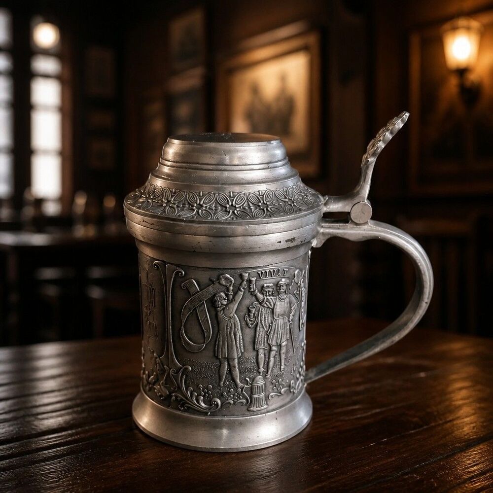 Vintage ZINN Made In Germany 95% Ornate Pewter Beer Lid 7” in, embossed